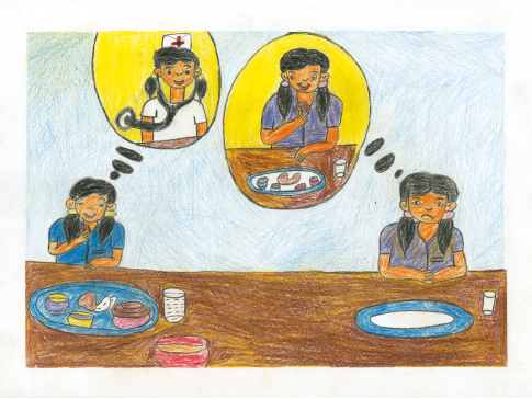 As her drawing shows, Soniya Shrestha, 11, from Nepal, wants to study to become a doctor.