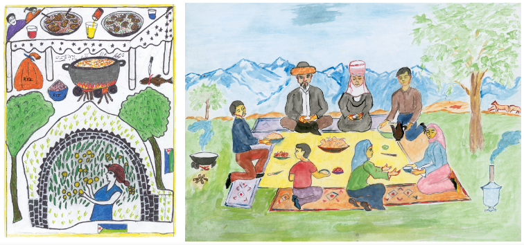 Sharing food with families and friends is important across cultures and continents, as shown in the drawings by Salsabila Ibrahim Mohamoud, 10, from Djibouti (left) and Erkeayim Turganbaeva, 8, from Kyrgyzstan.