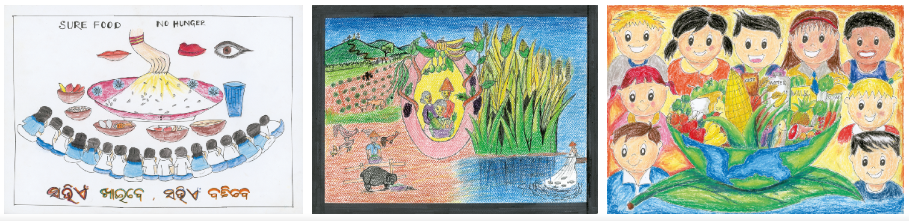 The importance of a varied diet is highlighted in artworks by 10-year-old Sradhanjali Sahu from India; Sai Aik Main, 9, from Myanmar; and Ash-Hayanie Gumacap Batingolo, also 9, from the Philippines.