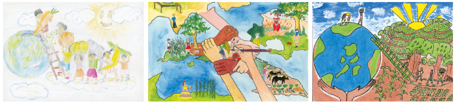 Coming together to end hunger is a strong theme in the artworks by Vardan Karapetyan, 10, from Armenia; Diego Gejo Céspedes, also 10, from Cuba; and Christian James Pragados Dela Peña, 13, from the Philippines.