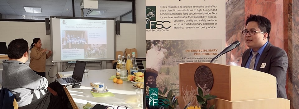 LEFT: Dr. Maria Cristeta Cuaresma presents the 2019 accomplishments of SEARCA for FSC-funded activities during the FSC Annual Planning Meeting, October 15th. | RIGHT: Dr. Pedcris Orencio delivers a keynote on enablers of inclusive and sustainable agricultural value chains during the World Food Day Colloquium, October 16th (photo from FSC)